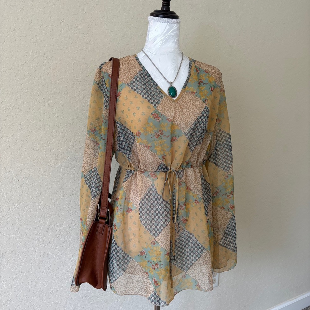 Y2K Boho Patchwork Tunic Tie Sheer Peasant Blouse Hippie Festival Notation Large